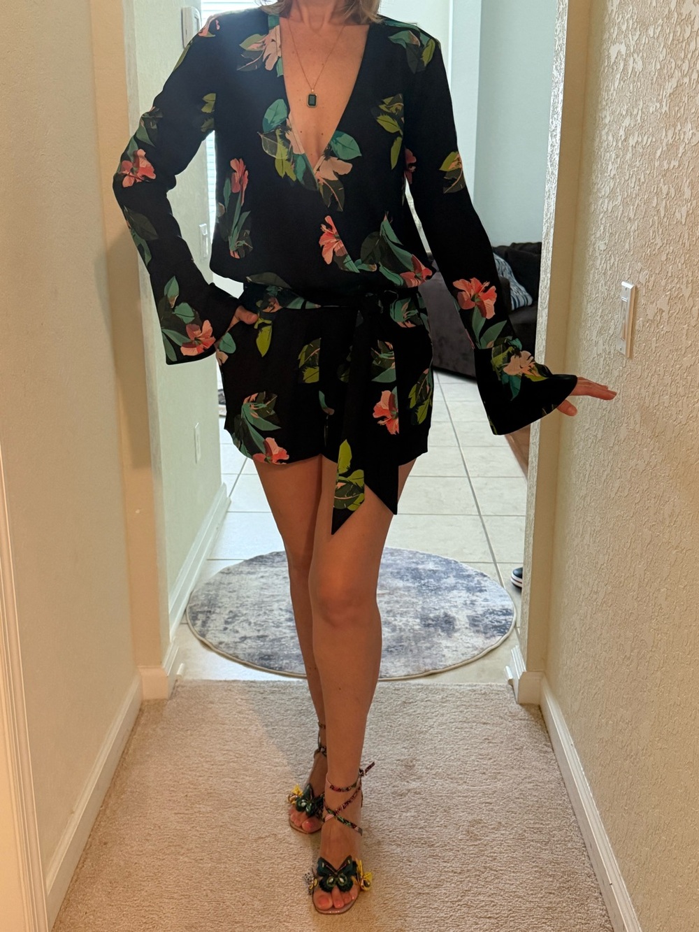 Marciano Black Floral Long-Sleeve Romper